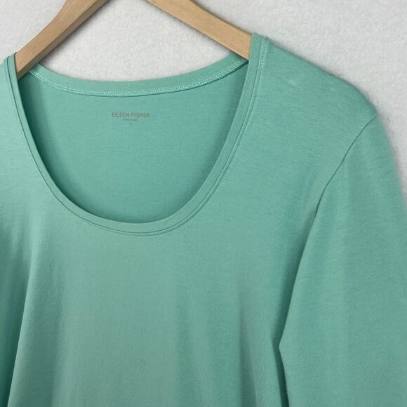 EILEEN FISHER Top L Stretch Organic Cotton Scoop Neck 3/4 Sleeve Green USA - Picture 6 of 13